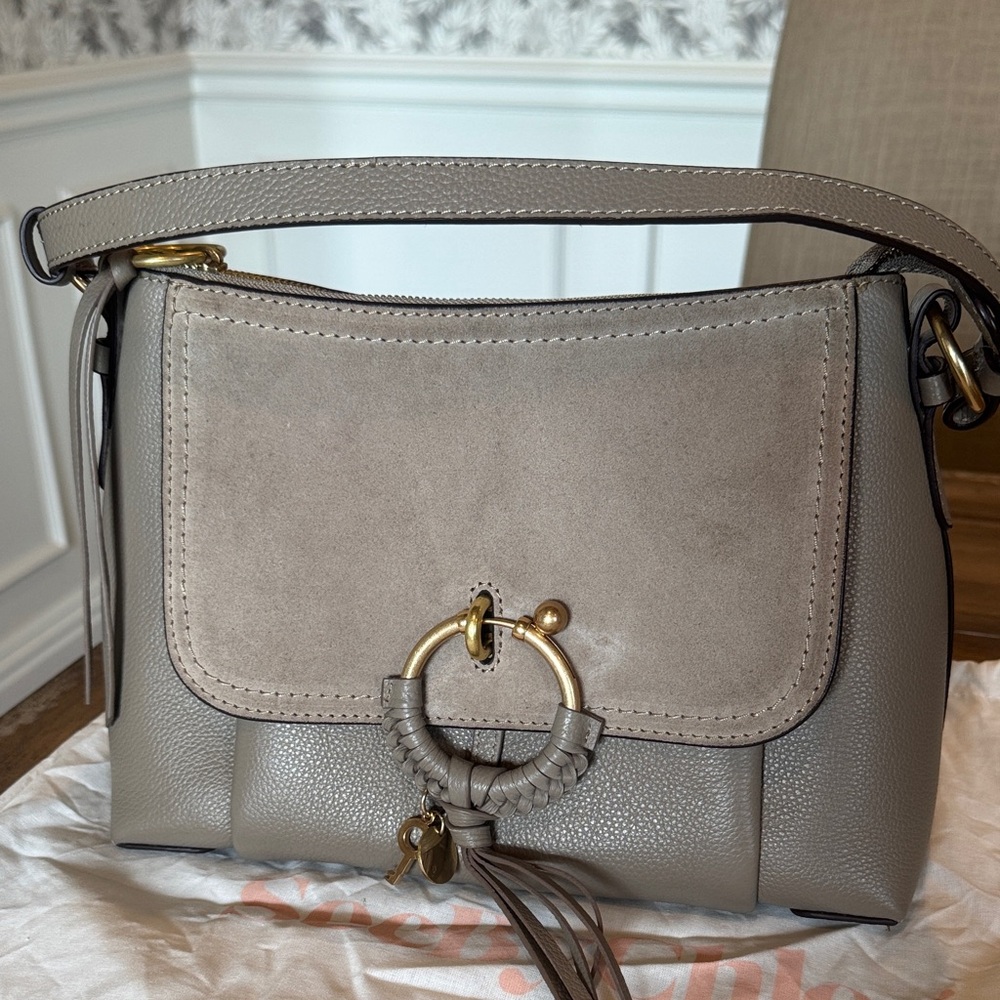 See By Chloé Taupe Leather & Suede Shoulder Bag with Gold Ring Hardware